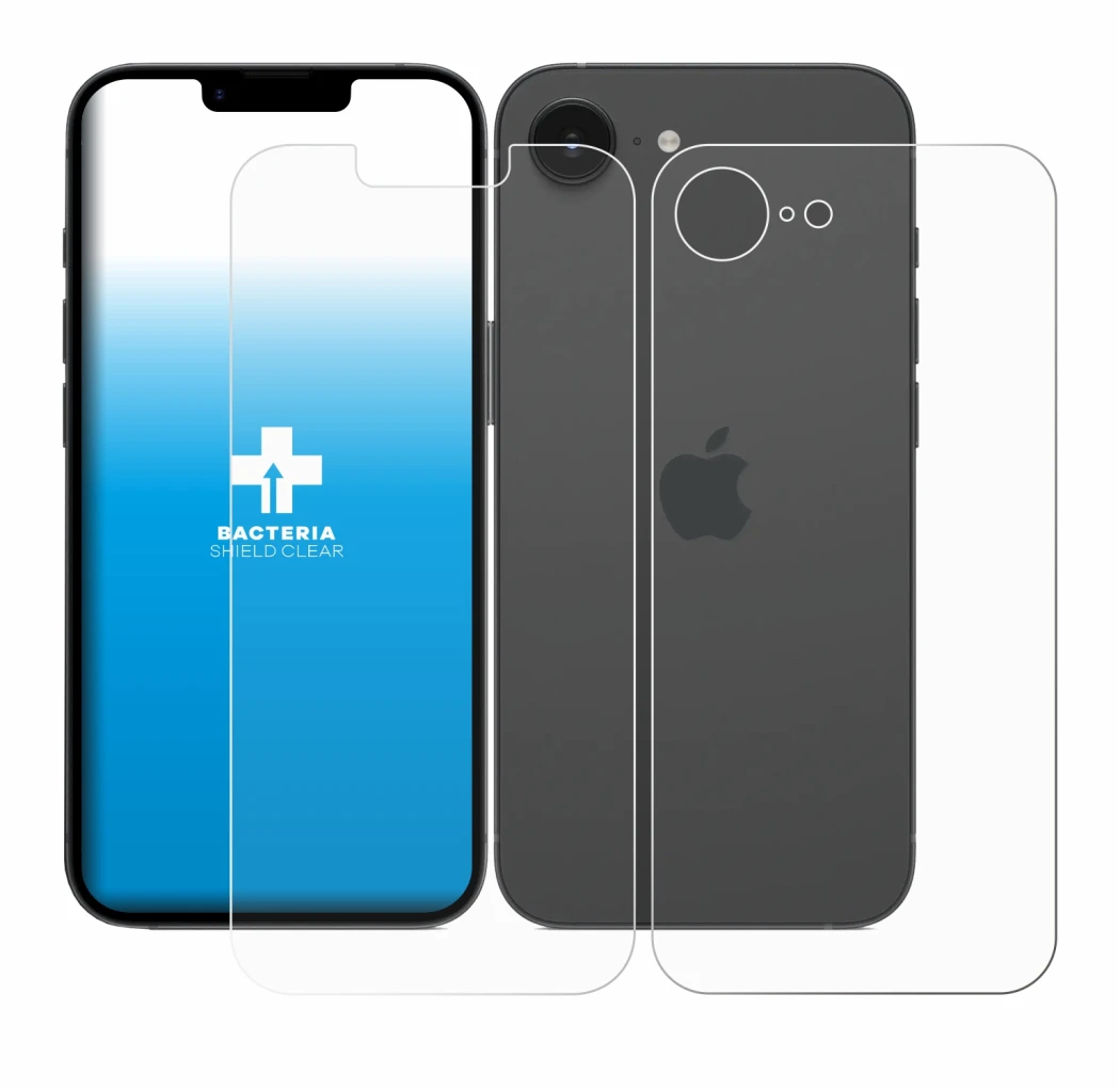 Image of the device Apple iPhone 16e (Front+Back) with a wide variety of screen protectors.