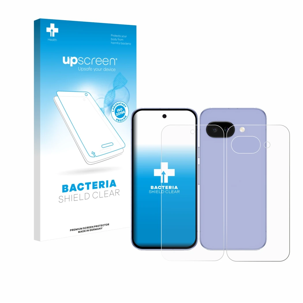 Front side of a product packaging with the brand logo upscreen. Next to it is the device Google Pixel 9a (Front+Back) shown wi