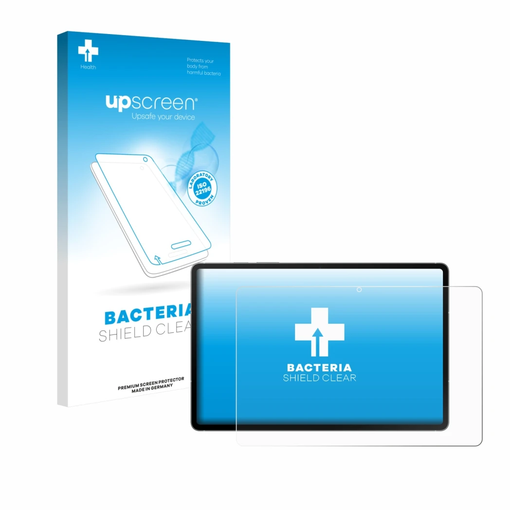 Front side of a product packaging with the brand logo upscreen. Next to it is the device Samsung Galaxy Tab S10 FE 5G shown wi