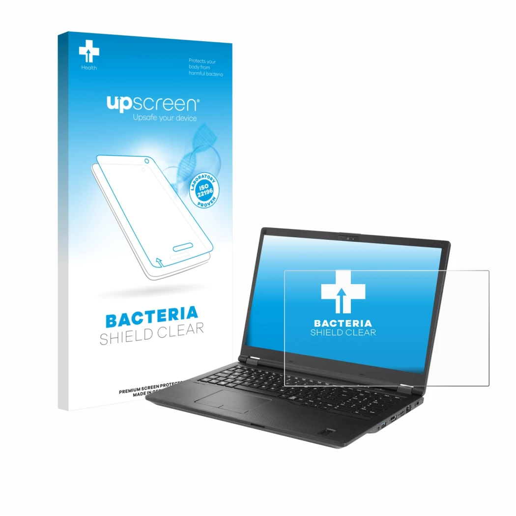 Front side of a product packaging with the brand logo upscreen. Next to it is the device Fujitsu Lifebook U7511 shown with the