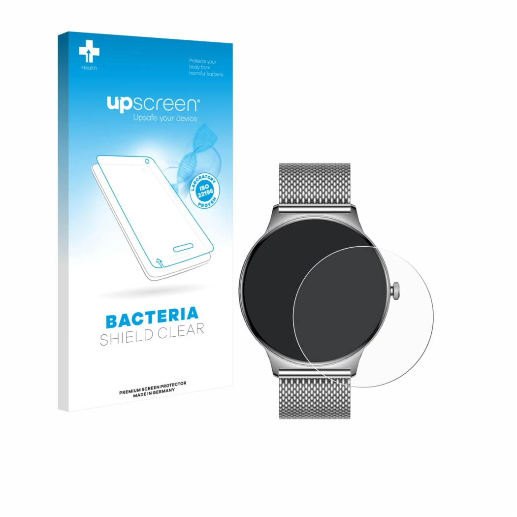 Front side of a product packaging with the brand logo upscreen. Next to it is the device Pireware Slim Smartwatch shown with t
