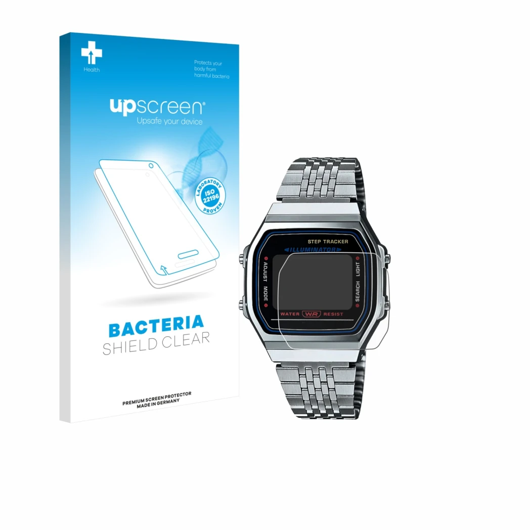 Front side of a product packaging with the brand logo upscreen. Next to it is the device Casio iconic ABL-100WE-1A shown with