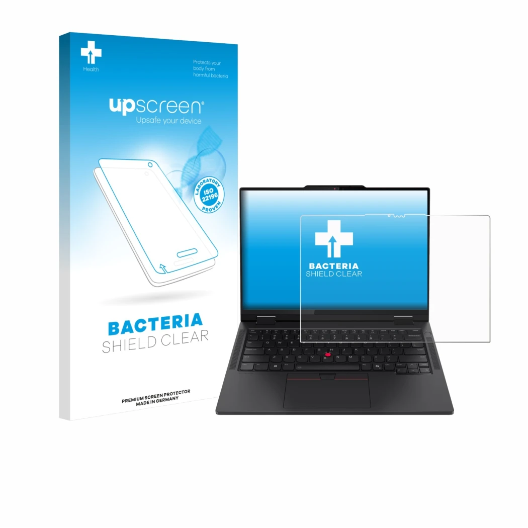 Front side of a product packaging with the brand logo upscreen. Next to it is the device Lenovo ThinkPad T14s 2-in-1 shown wit