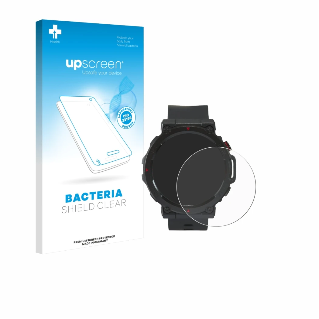 Front side of a product packaging with the brand logo upscreen. Next to it is the device Crivit Sport-Smartwatch shown with th