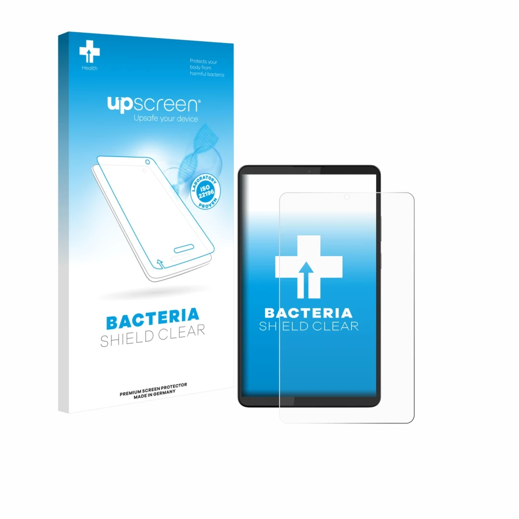 Front side of a product packaging with the brand logo upscreen. Next to it is the device Lenovo Tab One 8.7