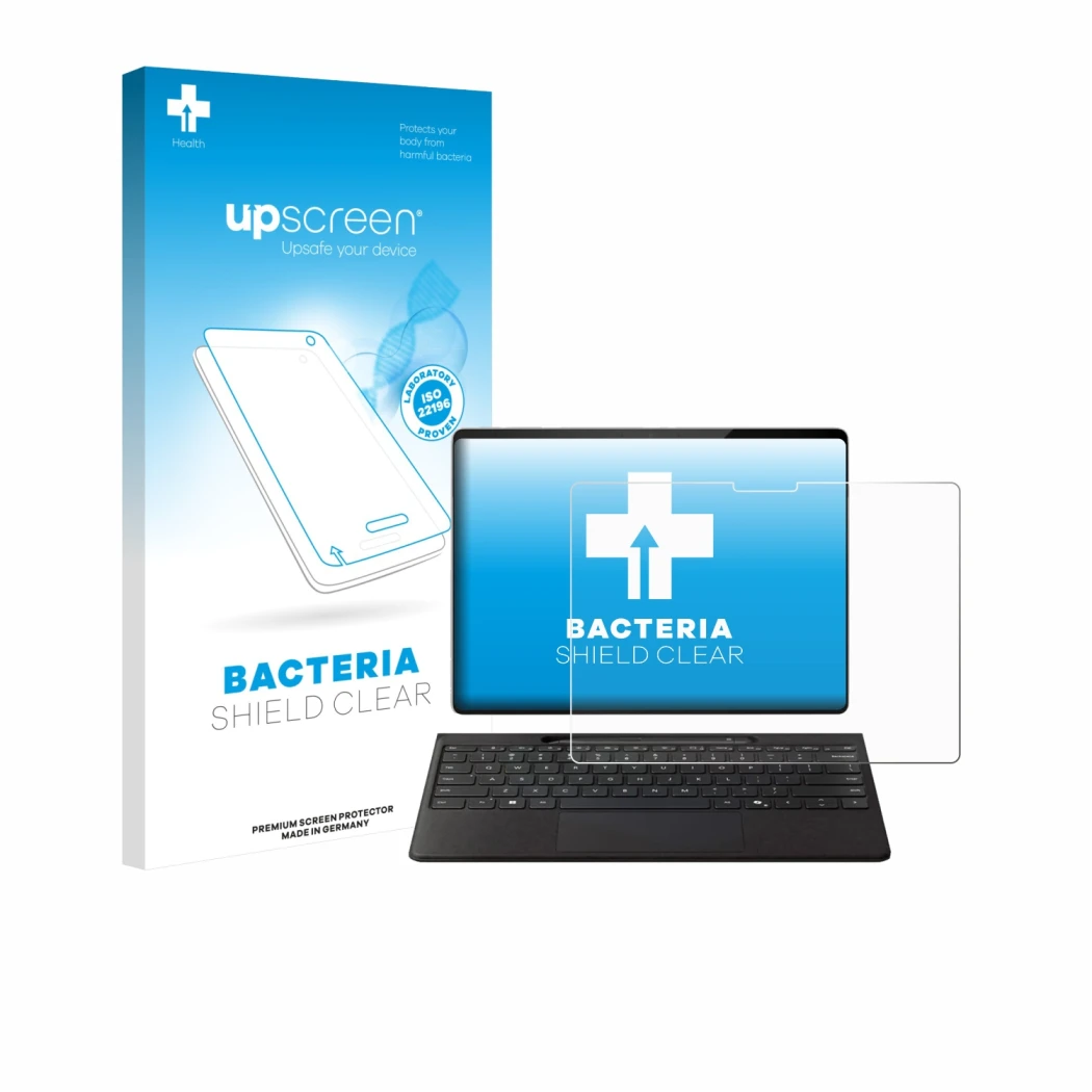 Front side of a product packaging with the brand logo upscreen. Next to it is the device Microsoft Surface Pro Copilot+ 13