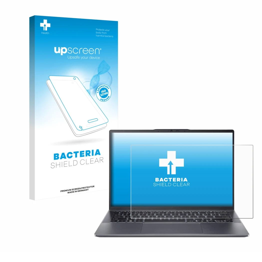 Front side of a product packaging with the brand logo upscreen. Next to it is the device Acer Swift Go 14 OLED shown with the