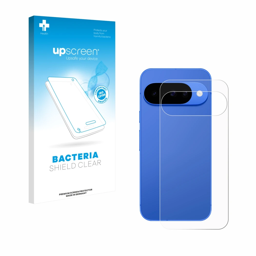 Front side of a product packaging with the brand logo upscreen. Next to it is the device Google Pixel 10 (Back) shown with the