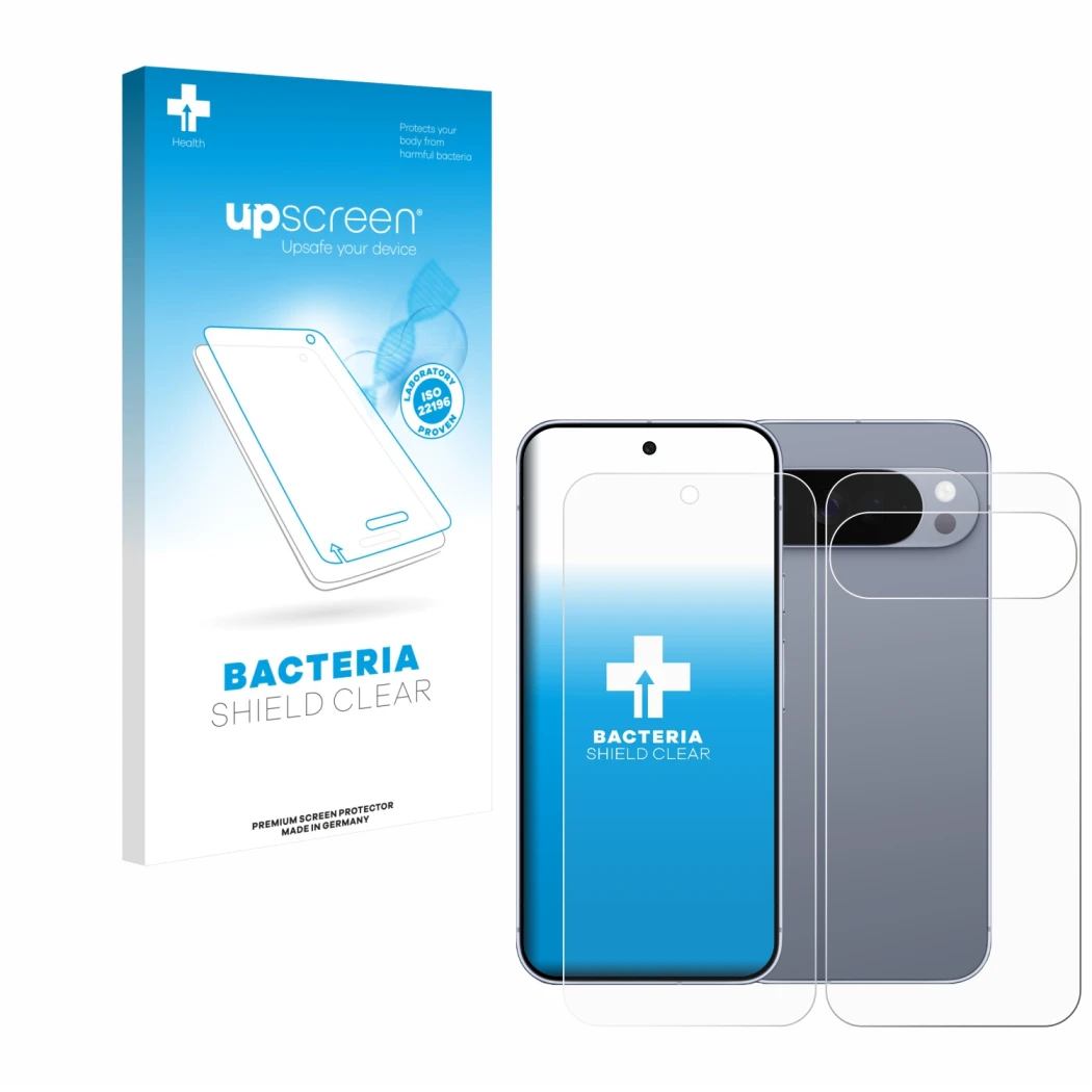 Front side of a product packaging with the brand logo upscreen. Next to it is the device Google Pixel 10 Pro XL (Front+Back) s