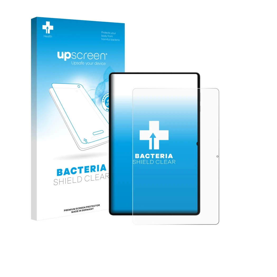 Front side of a product packaging with the brand logo upscreen. Next to it is the device Samsung Galaxy Tab S11 Ultra (portrai