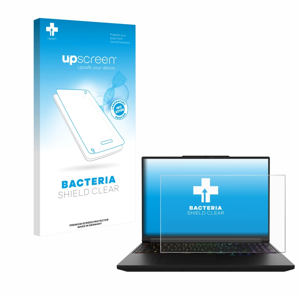 Front side of a product packaging with the brand logo upscreen. Next to it is the device XMG Pro 16 shown with the correspondi