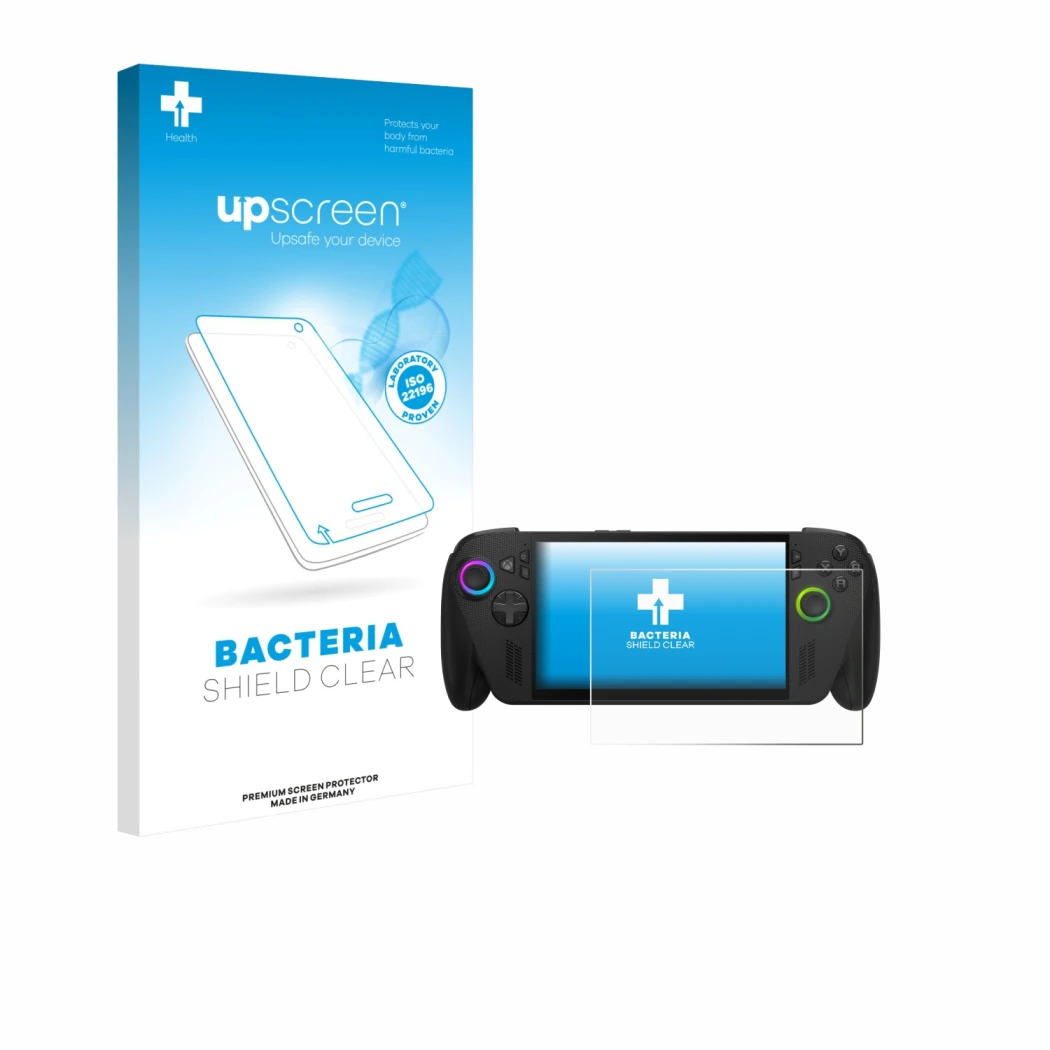 Front side of a product packaging with the brand logo upscreen. Next to it is the device ASUS ROG Ally X 2025 shown with the c