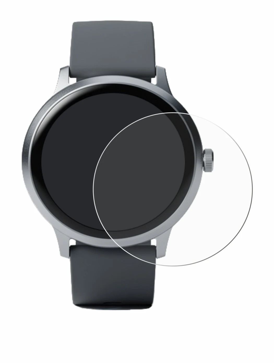 Image of the device Pebble Round 2 with a wide variety of screen protectors.