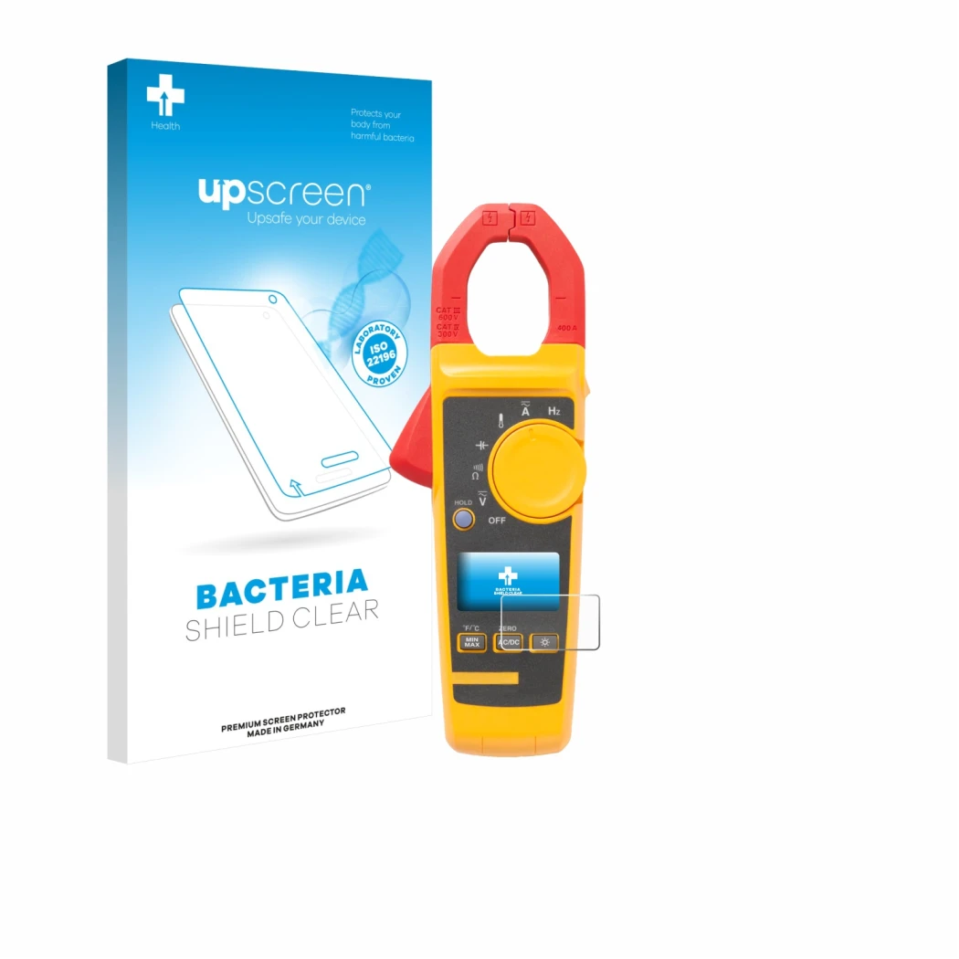 Front side of a product packaging with the brand logo upscreen. Next to it is the device Fluke 325 shown with the correspondin