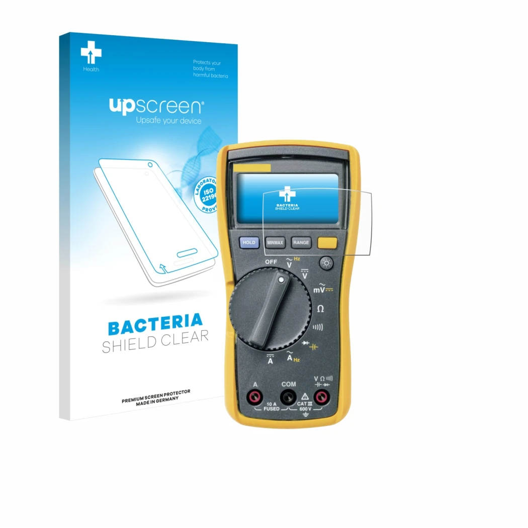 Front side of a product packaging with the brand logo upscreen. Next to it is the device Fluke MultiMeter 113 shown with the c