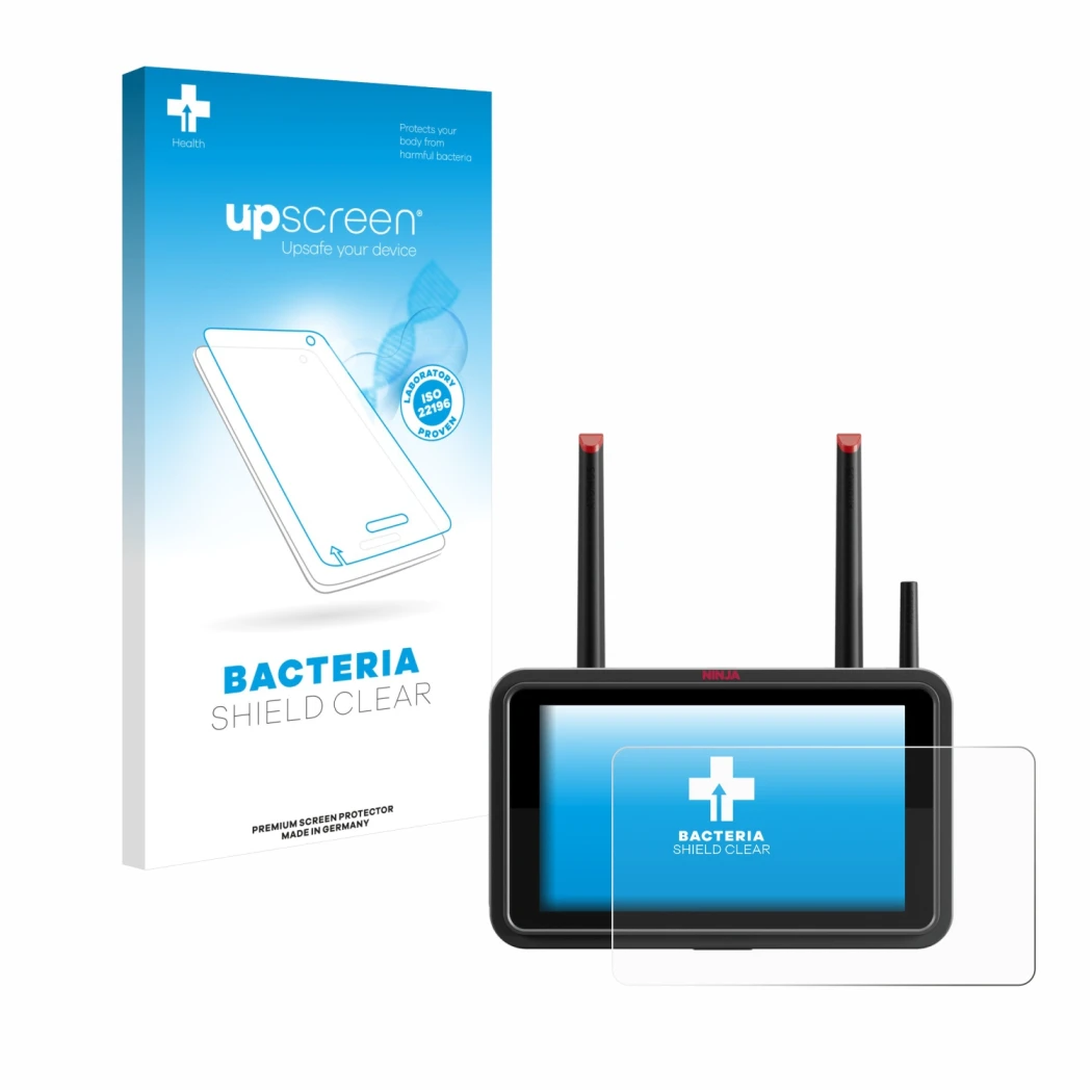 Front side of a product packaging with the brand logo upscreen. Next to it is the device Atomos Ninja TX shown with the corres