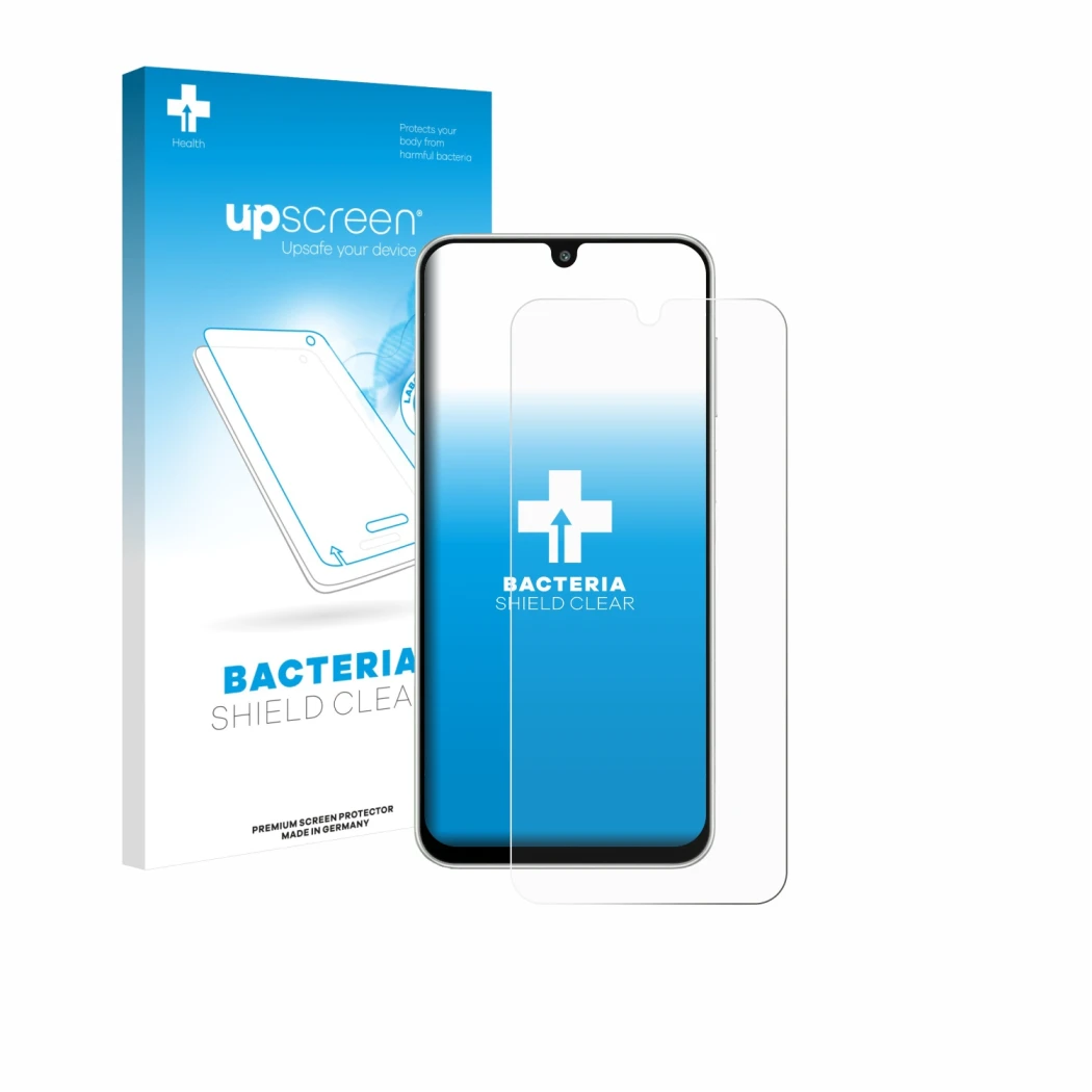 Front side of a product packaging with the brand logo upscreen. Next to it is the device Samsung Galaxy M16 shown with the cor