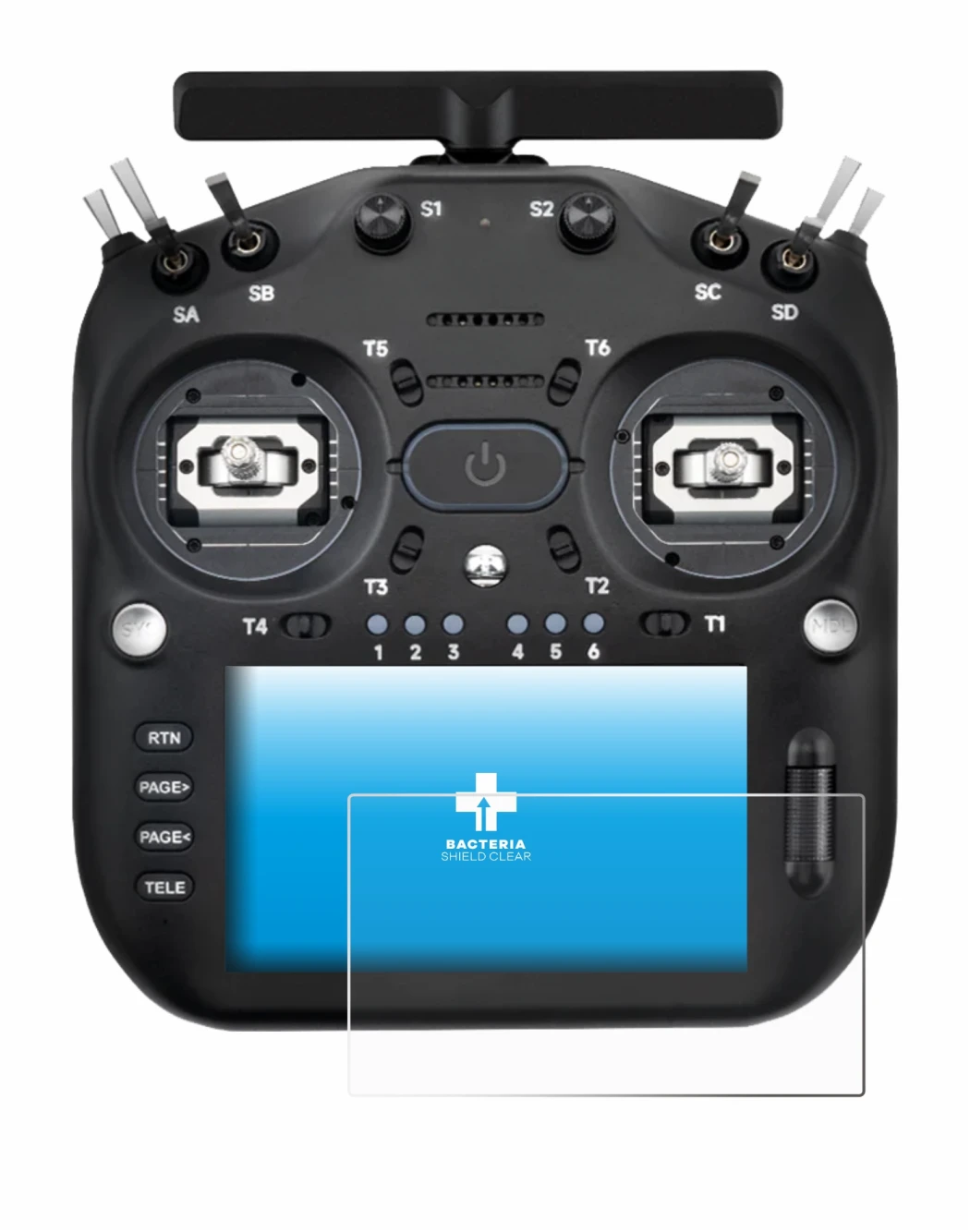 Image of the device Radiomaster TX16S MK3 with a wide variety of screen protectors.