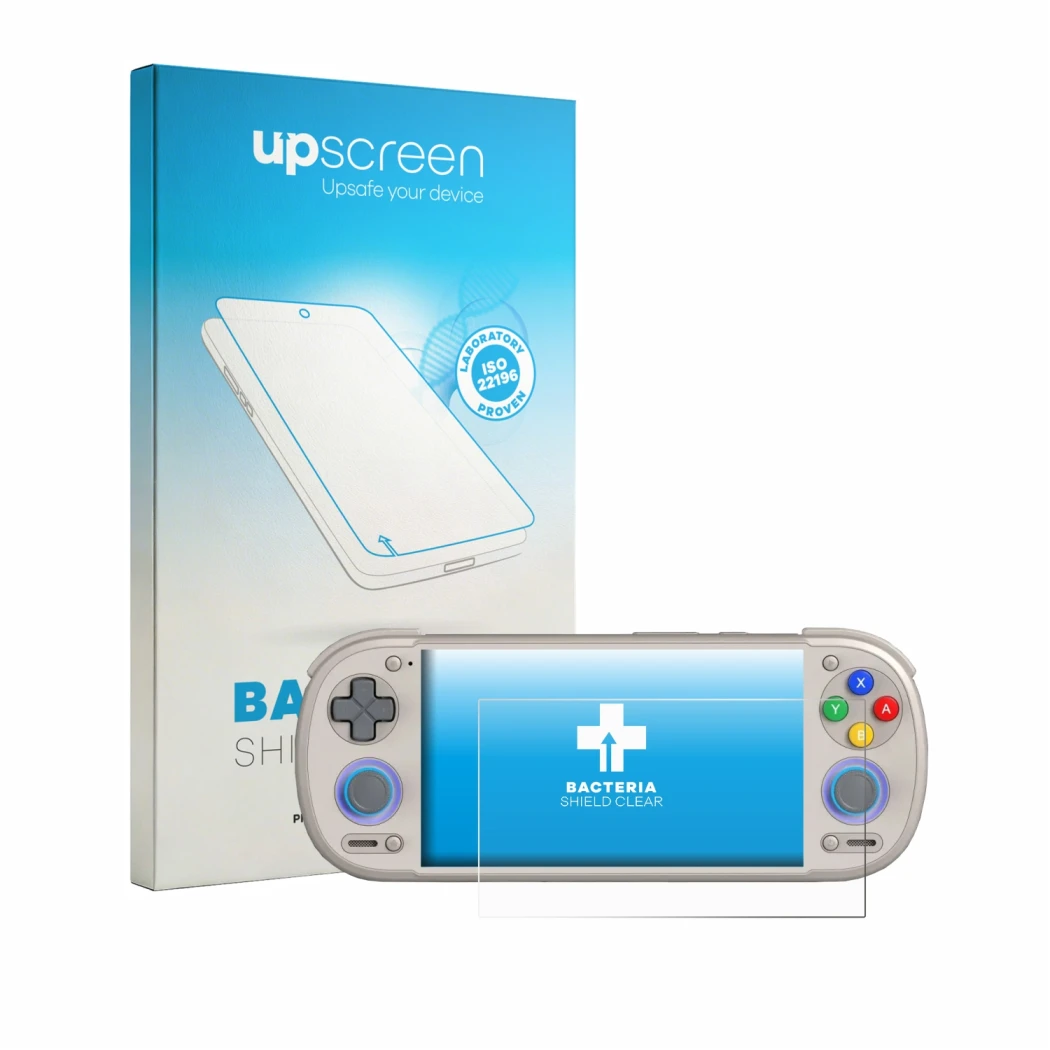 Front side of a product packaging with the brand logo upscreen. Next to it is the device Retroid Pocket 6 shown with the corre