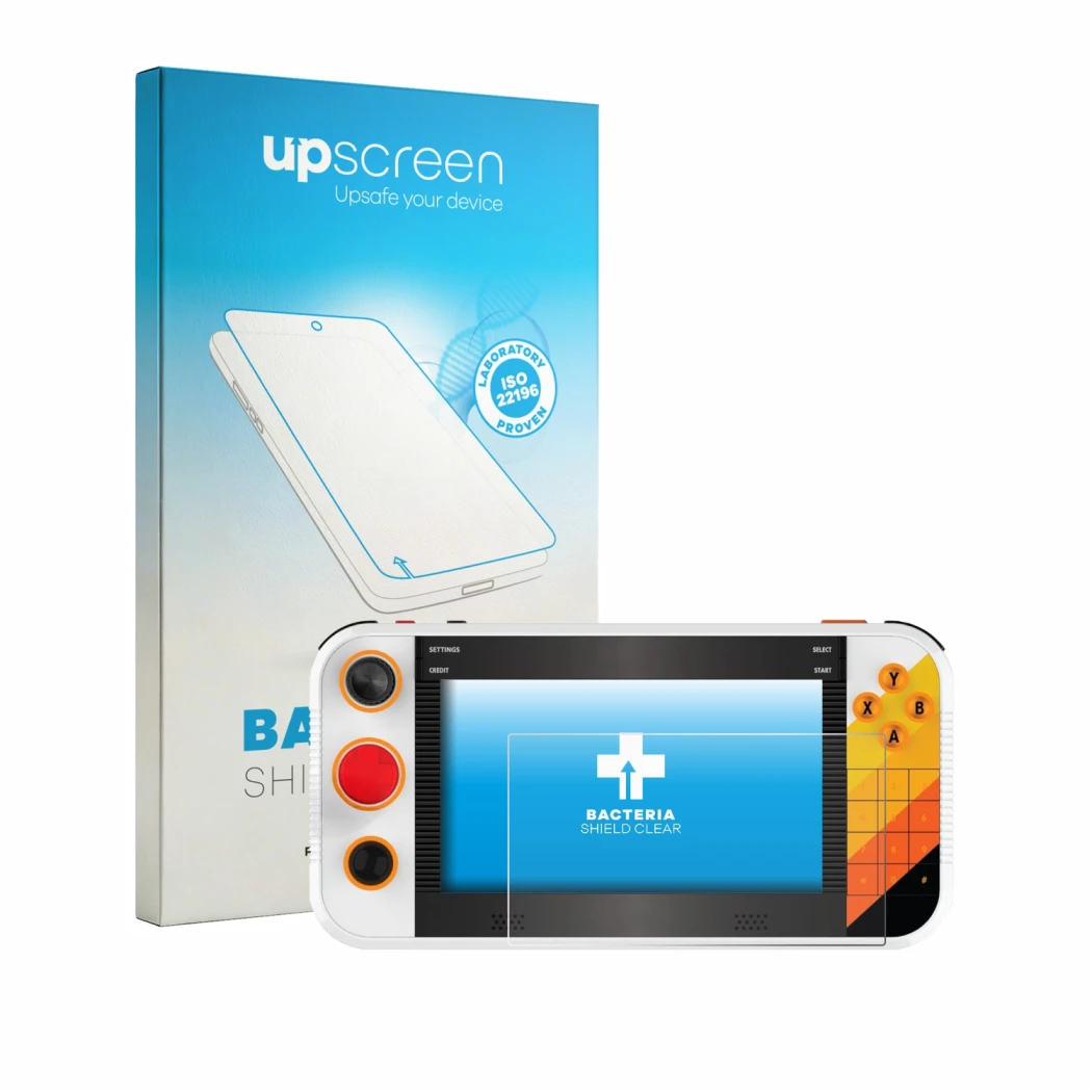 Front side of a product packaging with the brand logo upscreen. Next to it is the device My Arcade Atari Gamestation Go Portab