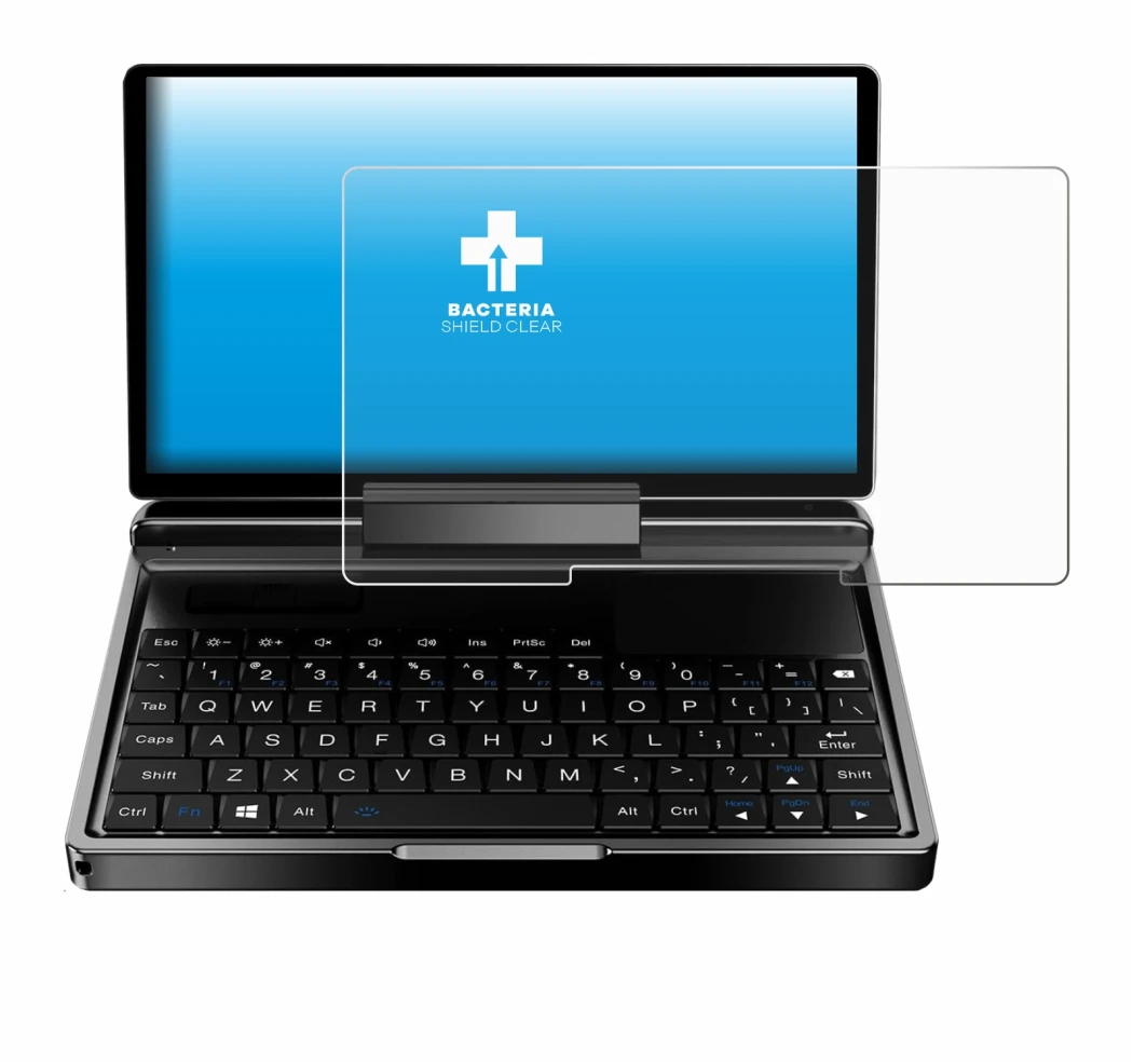 Image of the device GPD MicroPC 2 with a wide variety of screen protectors.