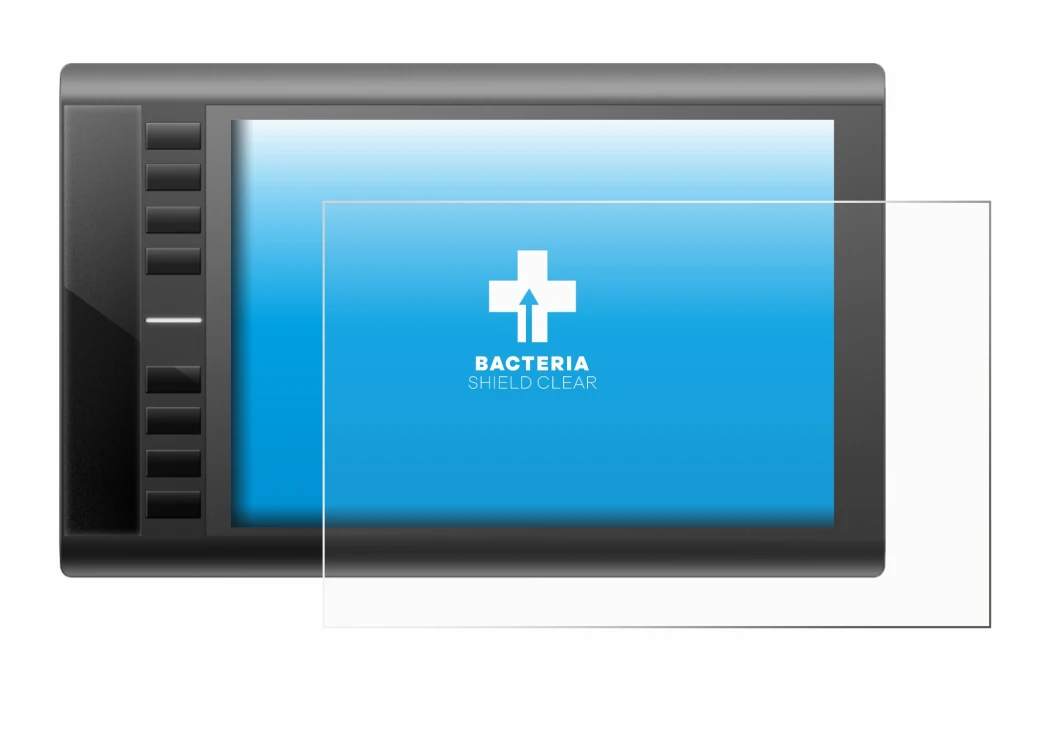 Image of the device Ugee M708 with a wide variety of screen protectors.