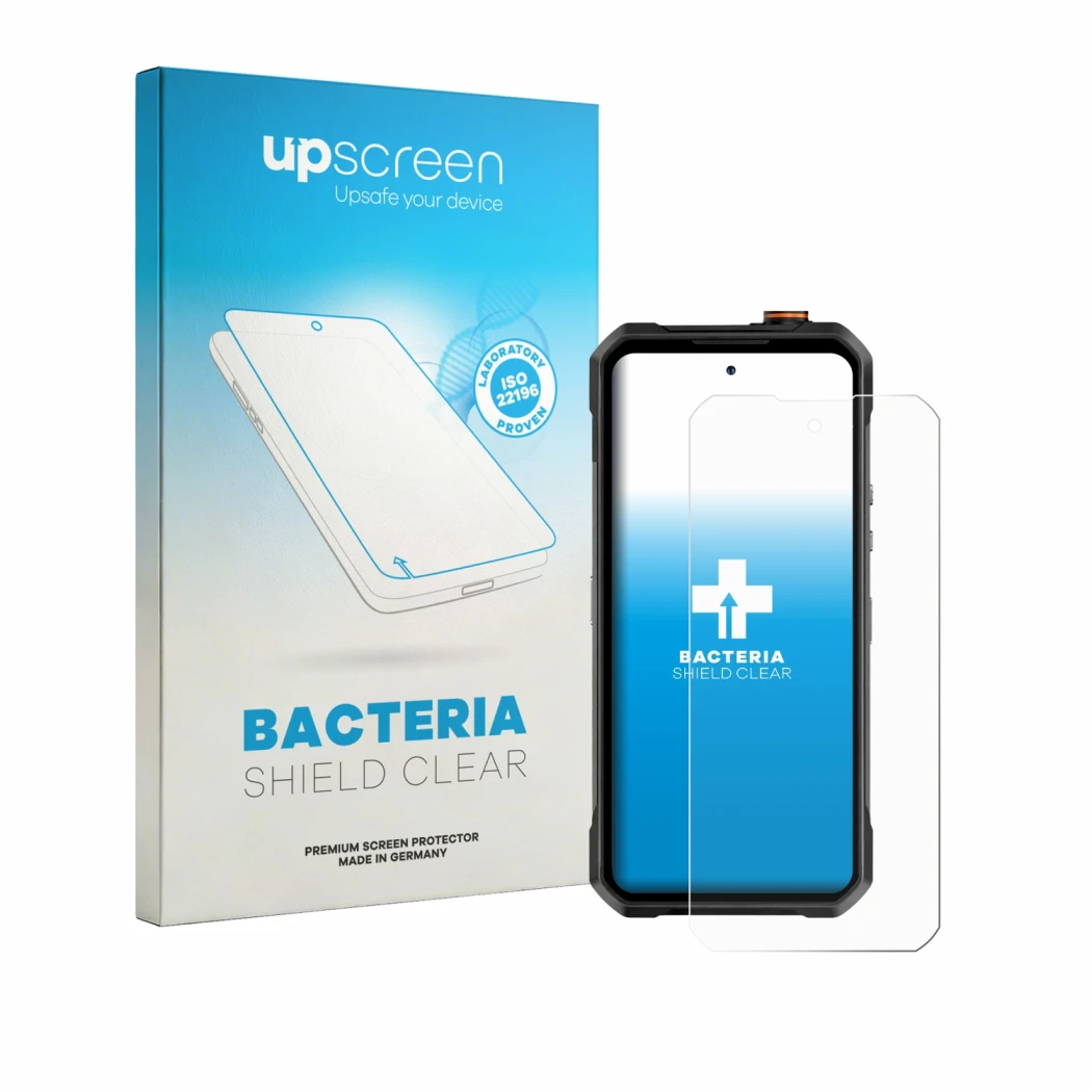 Front side of a product packaging with the brand logo upscreen. Next to it is the device Oukitel WP61 Plus shown with the corr
