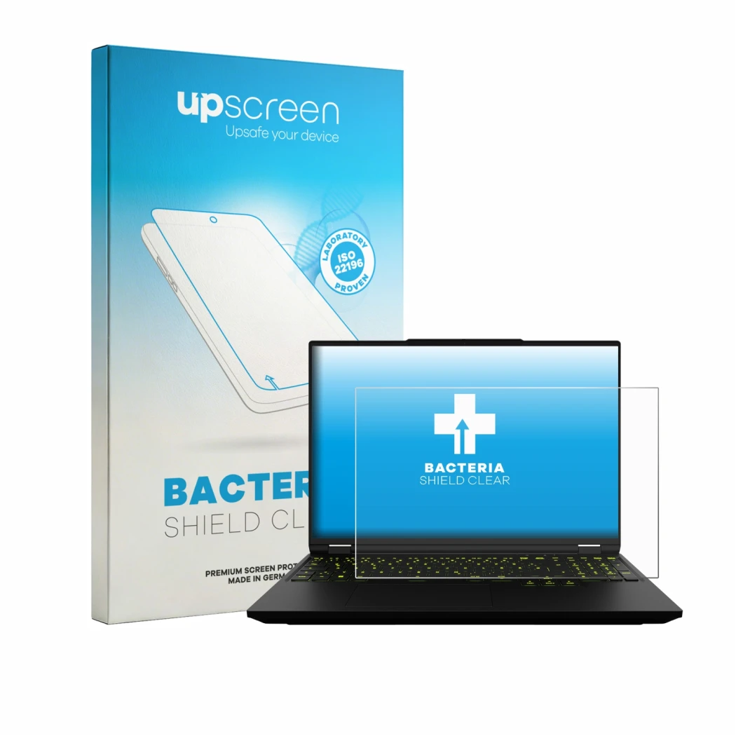 Front side of a product packaging with the brand logo upscreen. Next to it is the device XMG Neo 16 shown with the correspondi