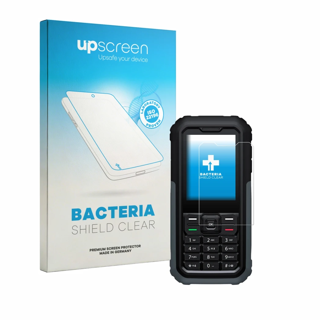 Front side of a product packaging with the brand logo upscreen. Next to it is the device TCL OneTouch 5044 shown with the corr