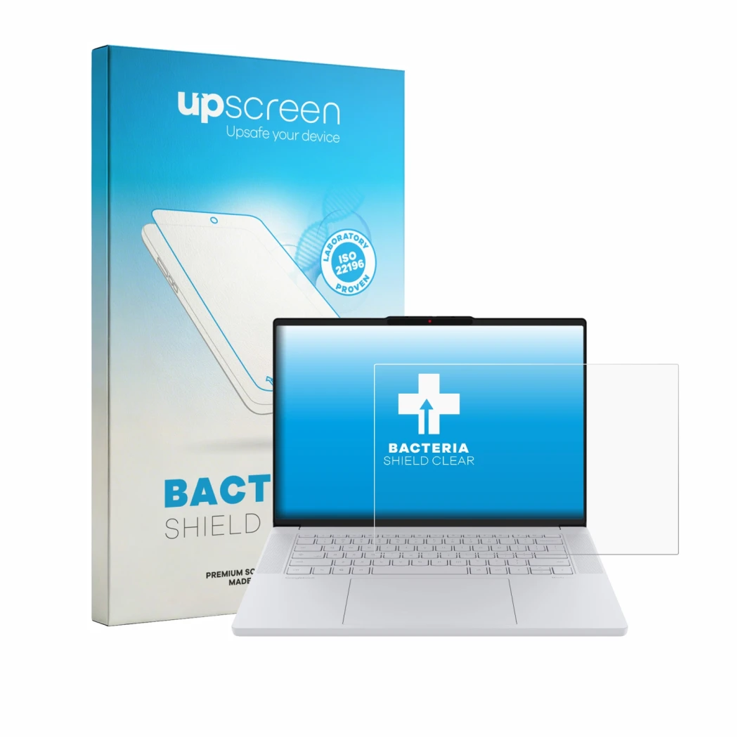 Front side of a product packaging with the brand logo upscreen. Next to it is the device Lenovo Googlebook 15 shown with the c