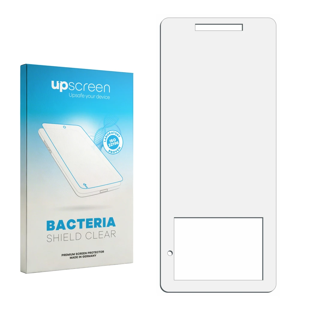 Front side of a product packaging with the brand logo upscreen. Next to it is the corresponding screen protector.