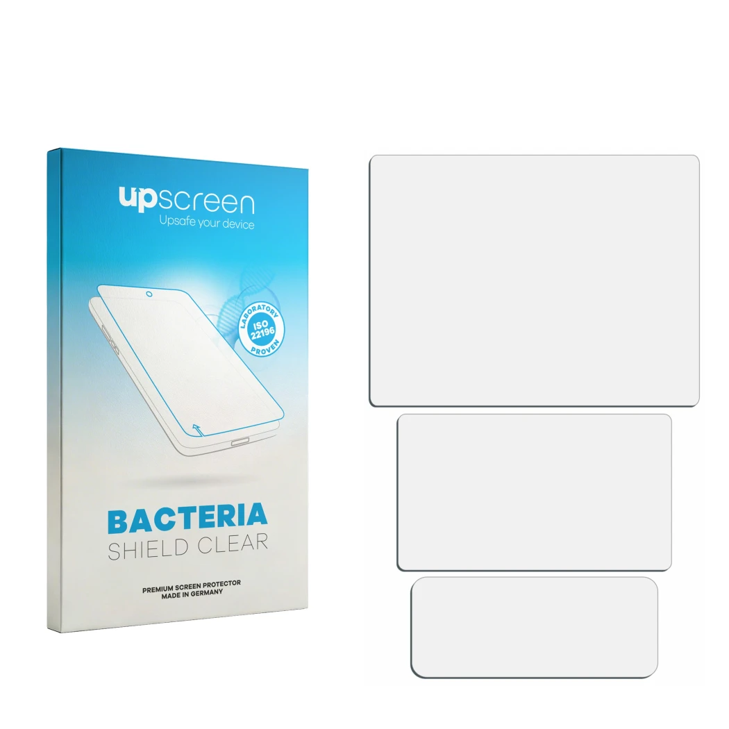 Front side of a product packaging with the brand logo upscreen. Next to it is the corresponding screen protector.