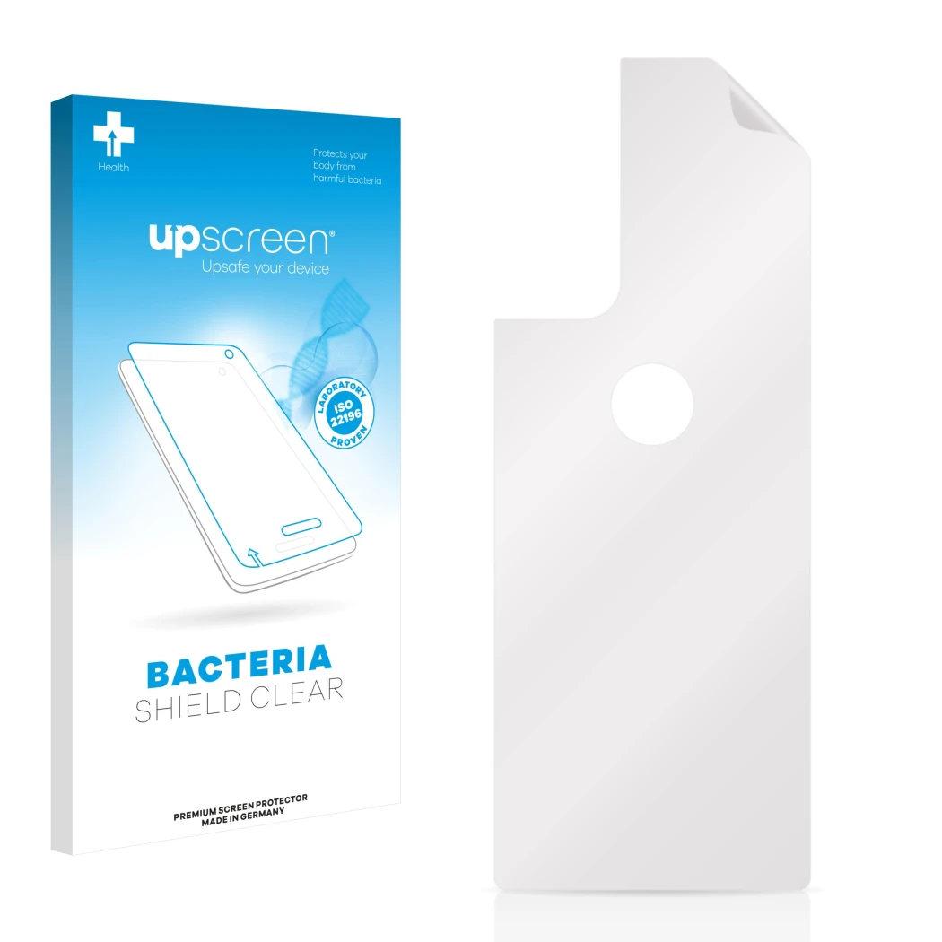 Front side of a product packaging with the brand logo upscreen. Next to it is the corresponding screen protector.