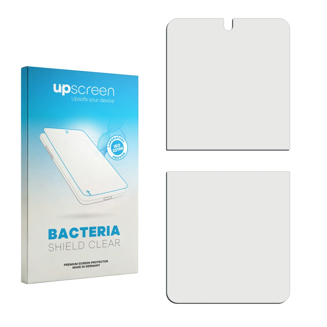 Front side of a product packaging with the brand logo upscreen. Next to it is the corresponding screen protector.