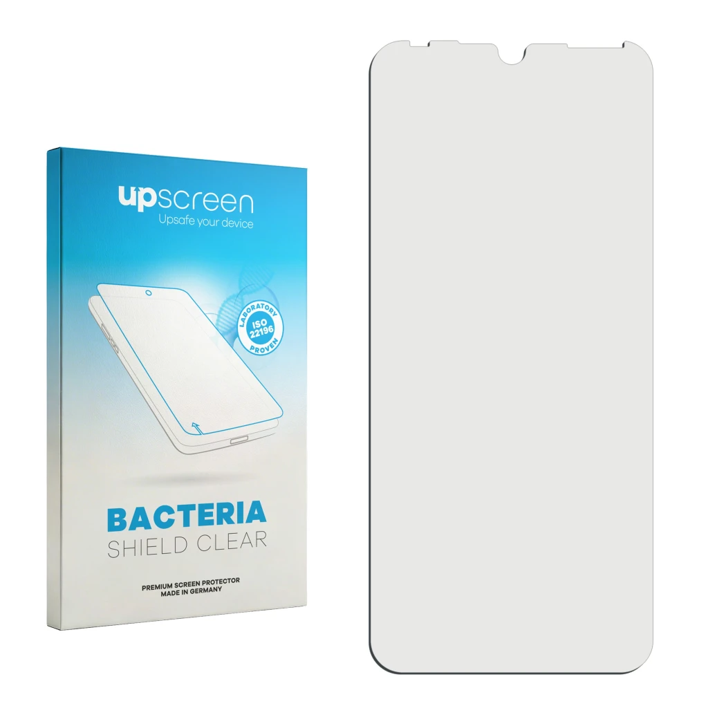 Front side of a product packaging with the brand logo upscreen. Next to it is the corresponding screen protector.
