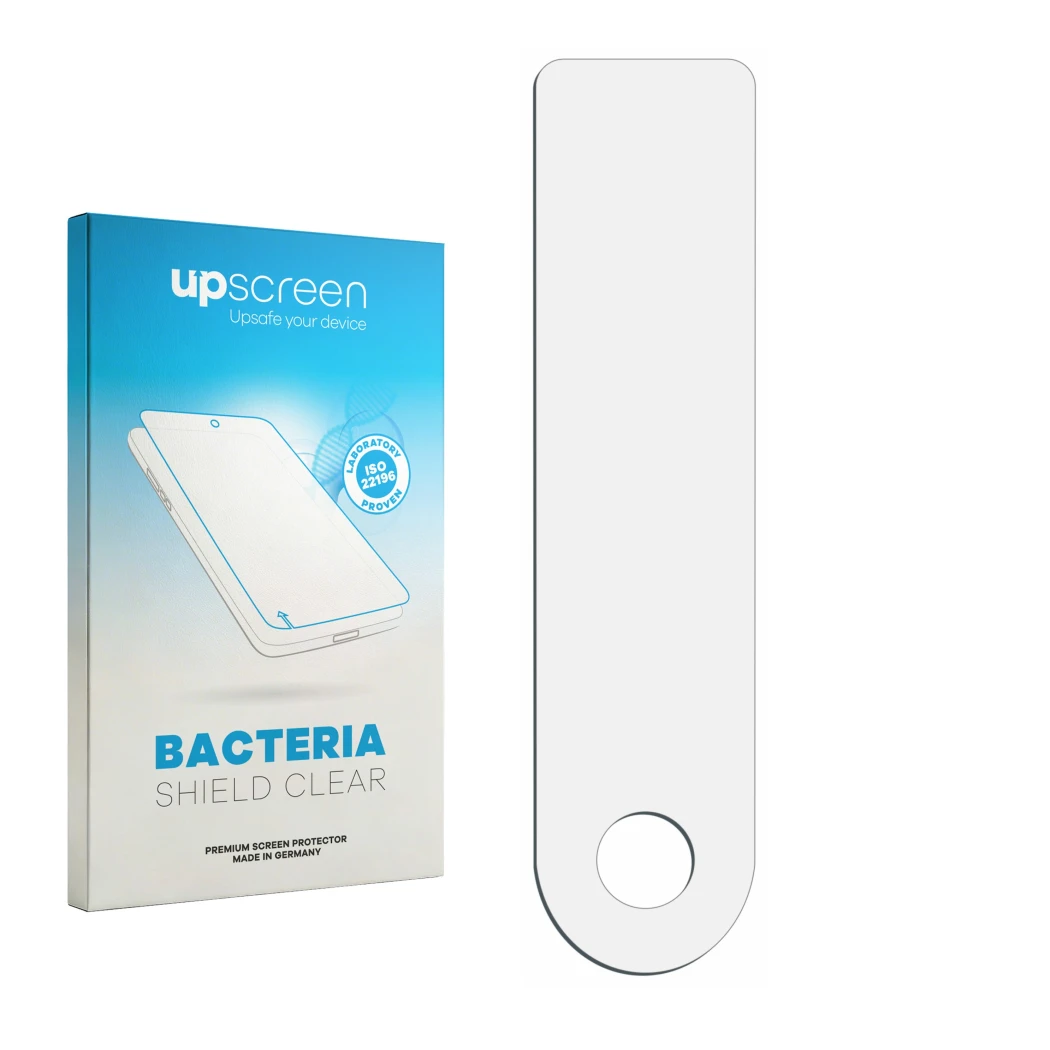 Front side of a product packaging with the brand logo upscreen. Next to it is the corresponding screen protector.