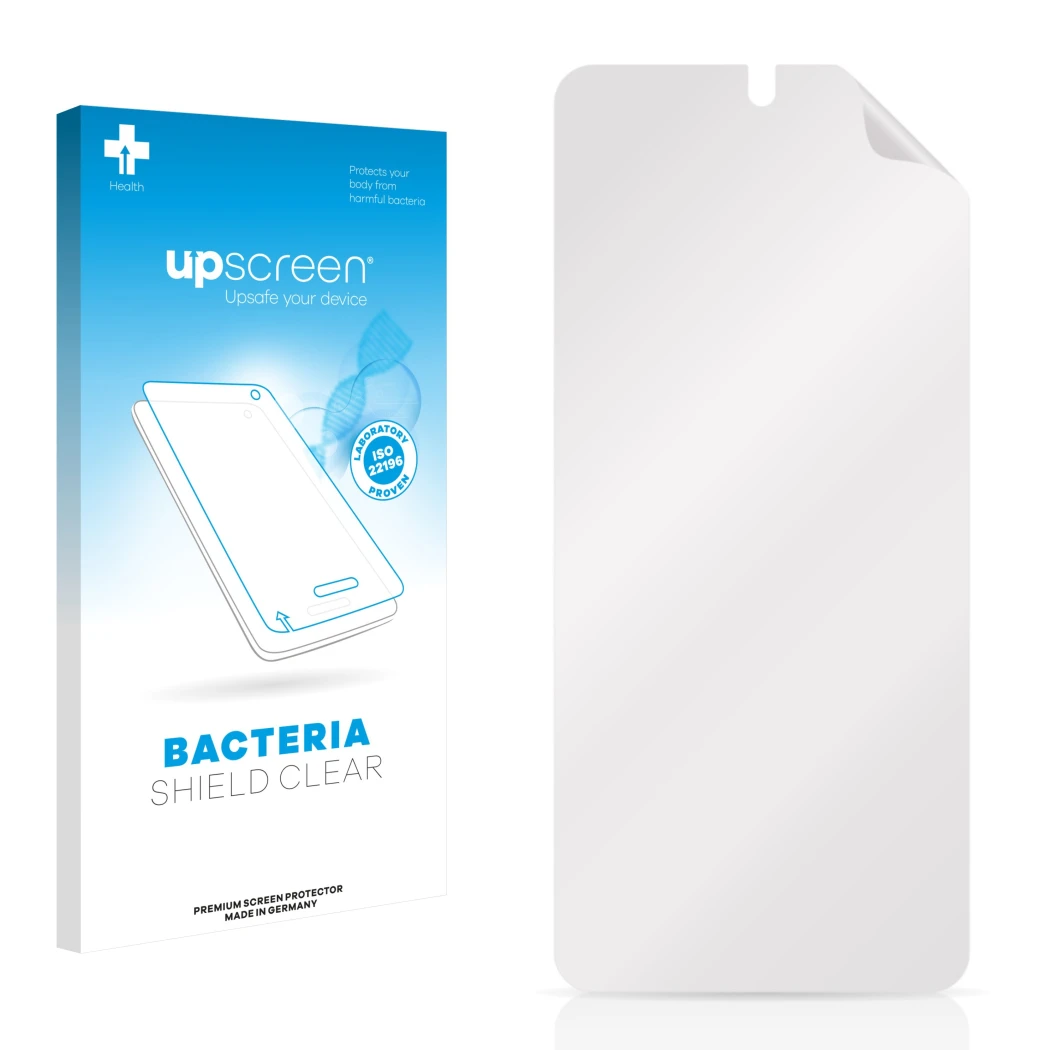 Front side of a product packaging with the brand logo upscreen. Next to it is the corresponding screen protector.