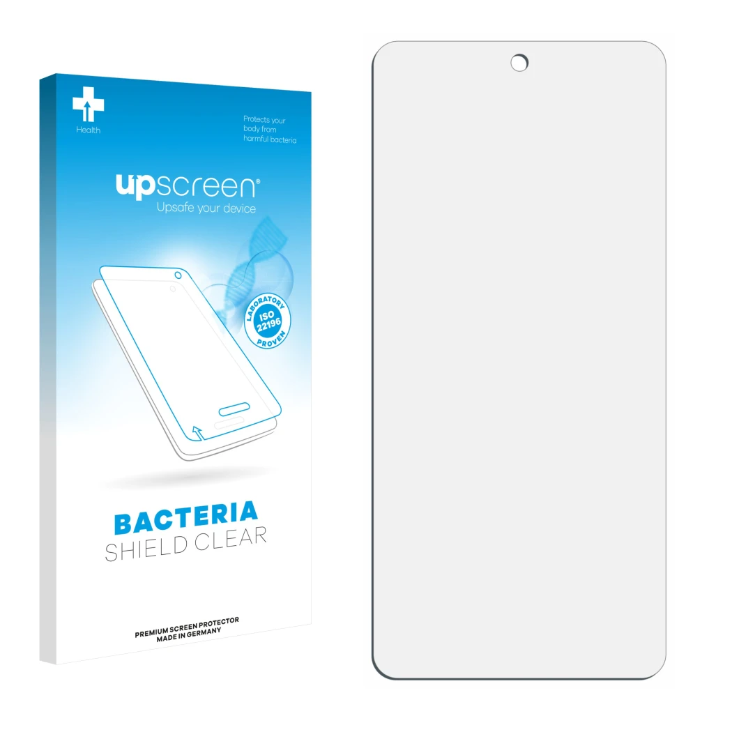 Front side of a product packaging with the brand logo upscreen. Next to it is the corresponding screen protector.