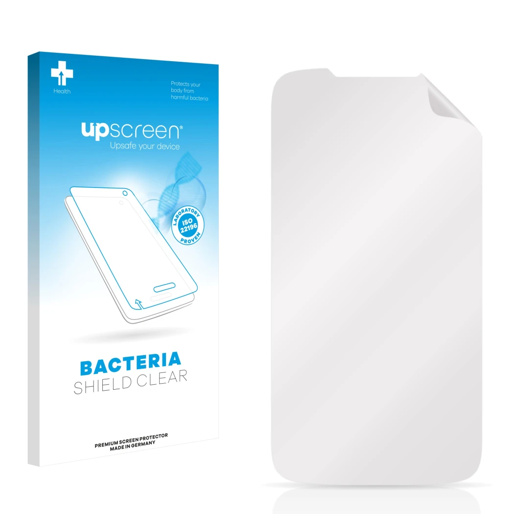 Front side of a product packaging with the brand logo upscreen. Next to it is the corresponding screen protector.