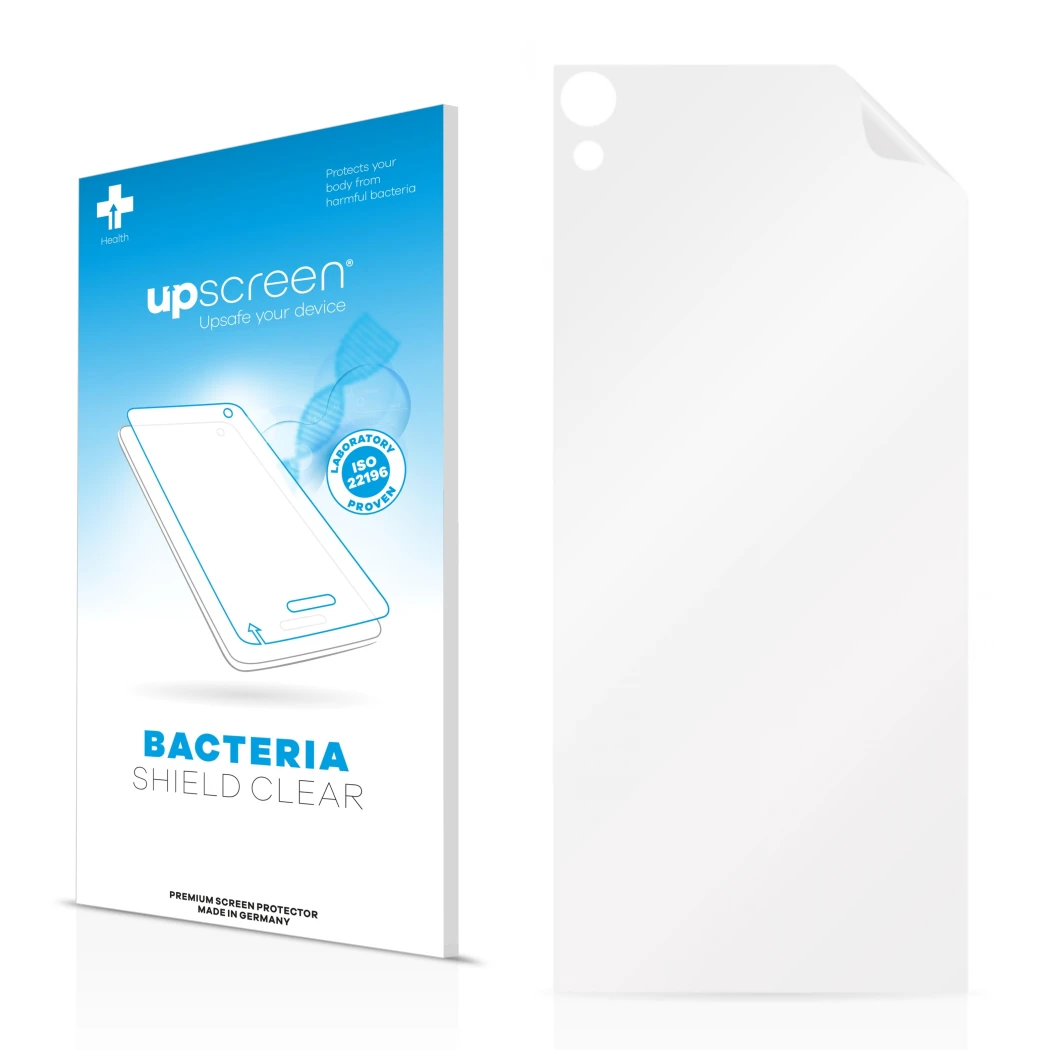 Front side of a product packaging with the brand logo upscreen. Next to it is the corresponding screen protector.