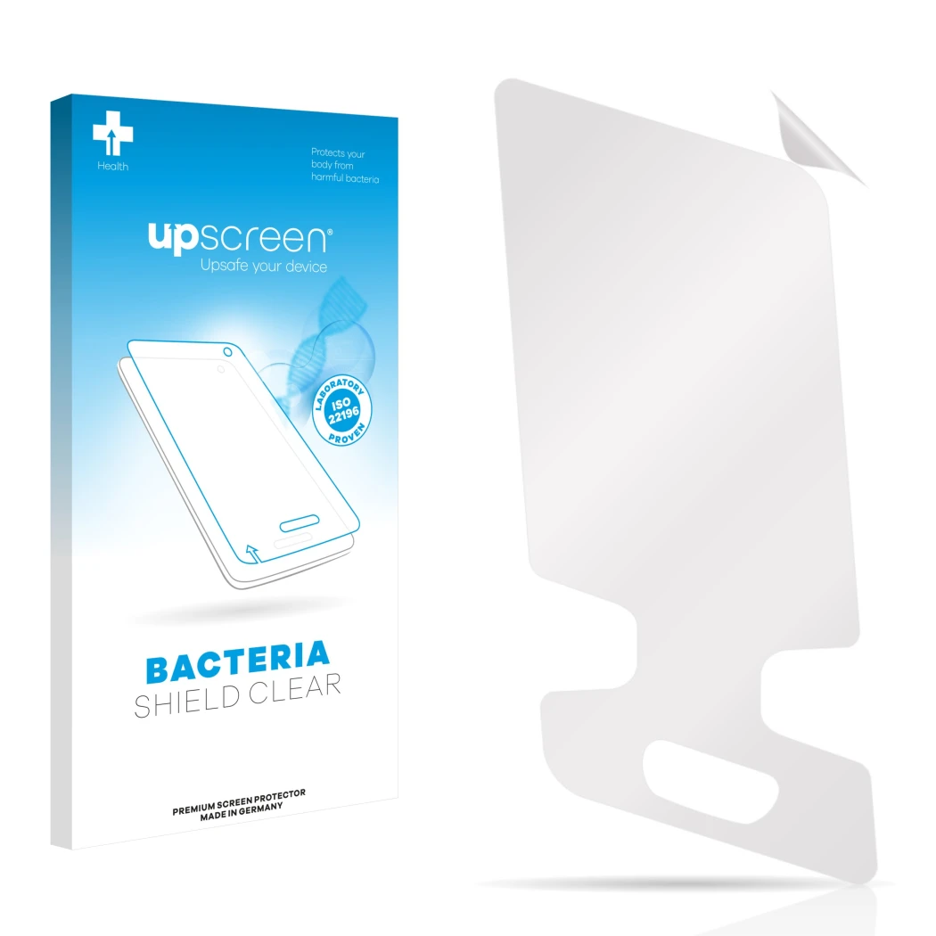 Front side of a product packaging with the brand logo upscreen. Next to it is the corresponding screen protector.