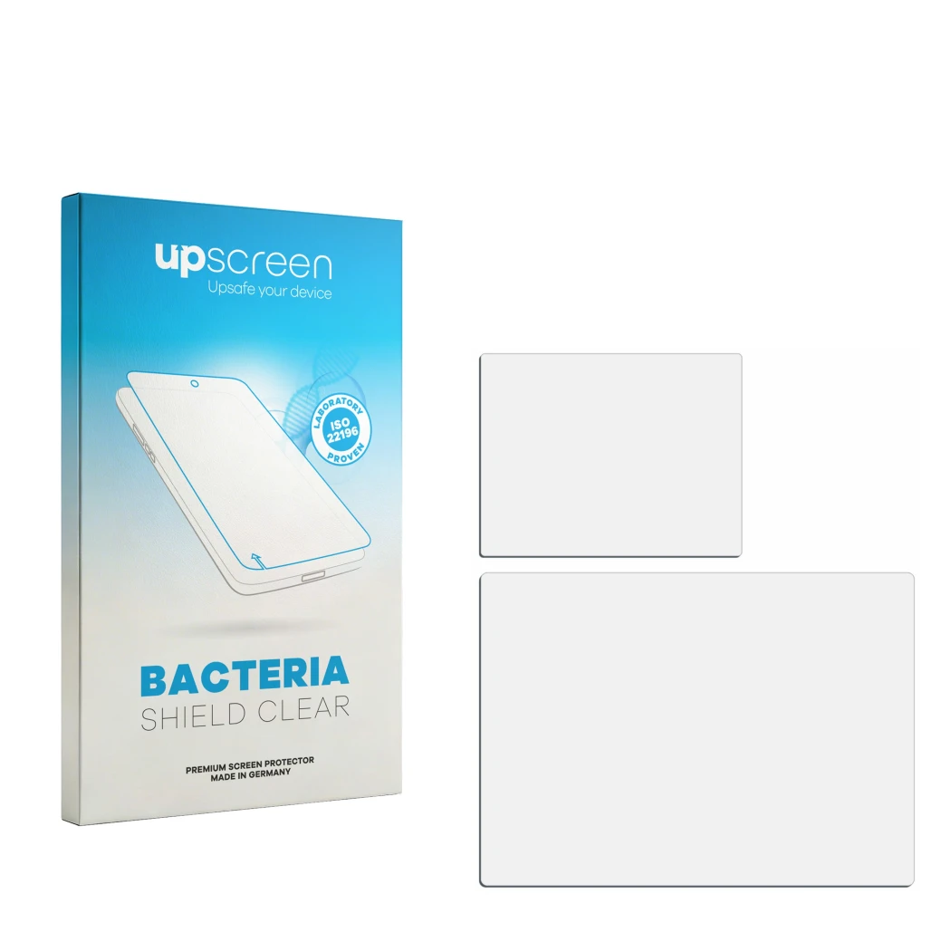Front side of a product packaging with the brand logo upscreen. Next to it is the corresponding screen protector.