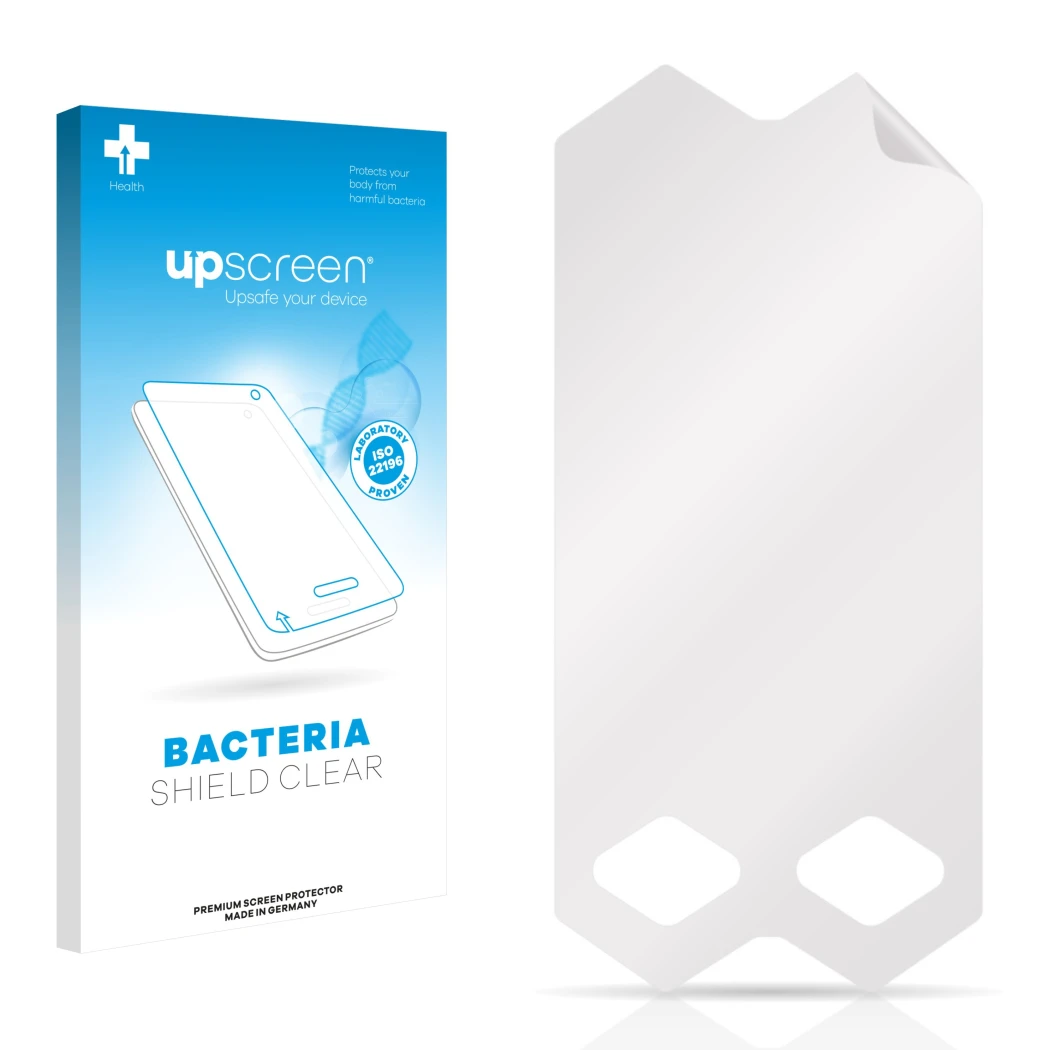 Front side of a product packaging with the brand logo upscreen. Next to it is the corresponding screen protector.