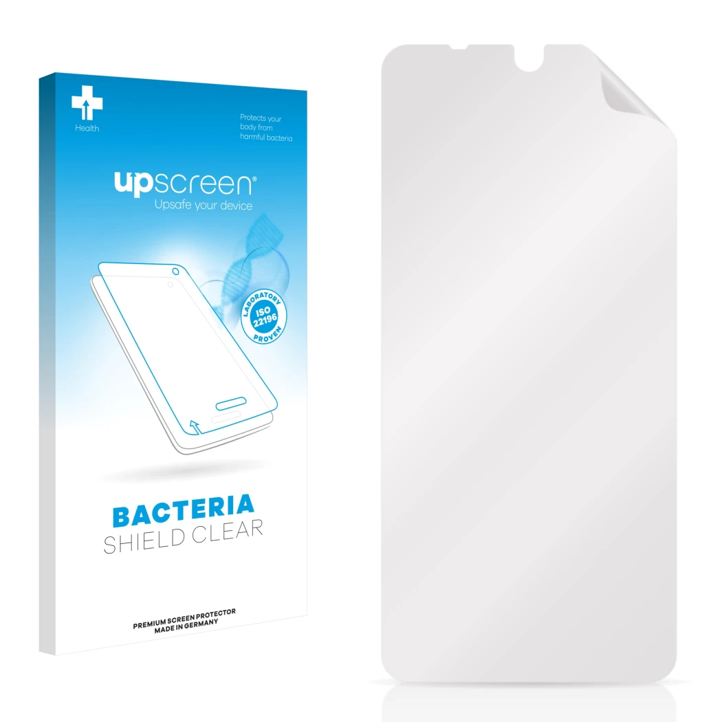Front side of a product packaging with the brand logo upscreen. Next to it is the corresponding screen protector.