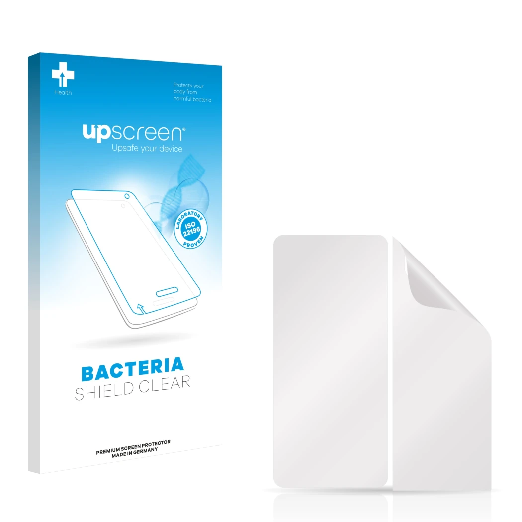 Front side of a product packaging with the brand logo upscreen. Next to it is the corresponding screen protector.