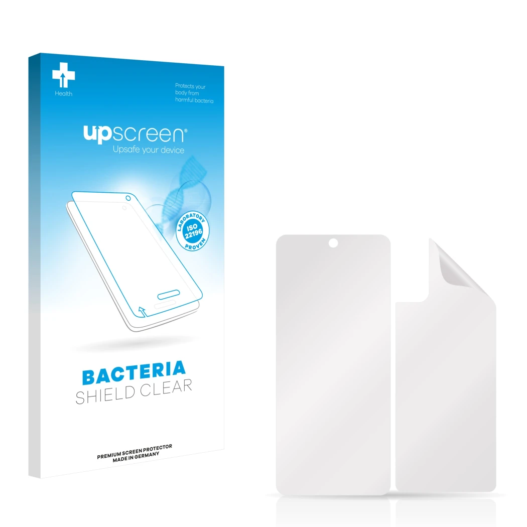Front side of a product packaging with the brand logo upscreen. Next to it is the corresponding screen protector.