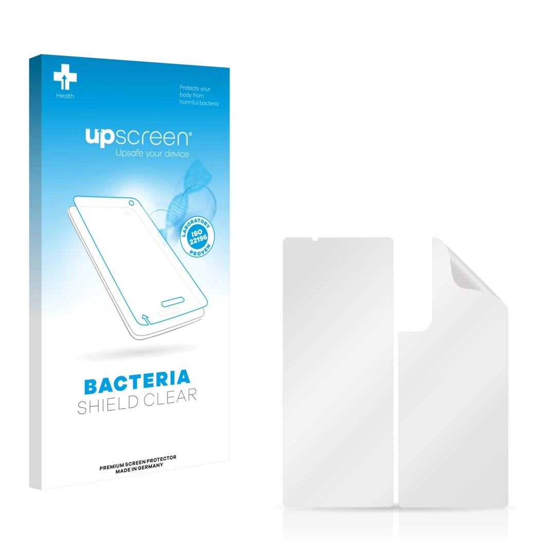 Front side of a product packaging with the brand logo upscreen. Next to it is the corresponding screen protector.
