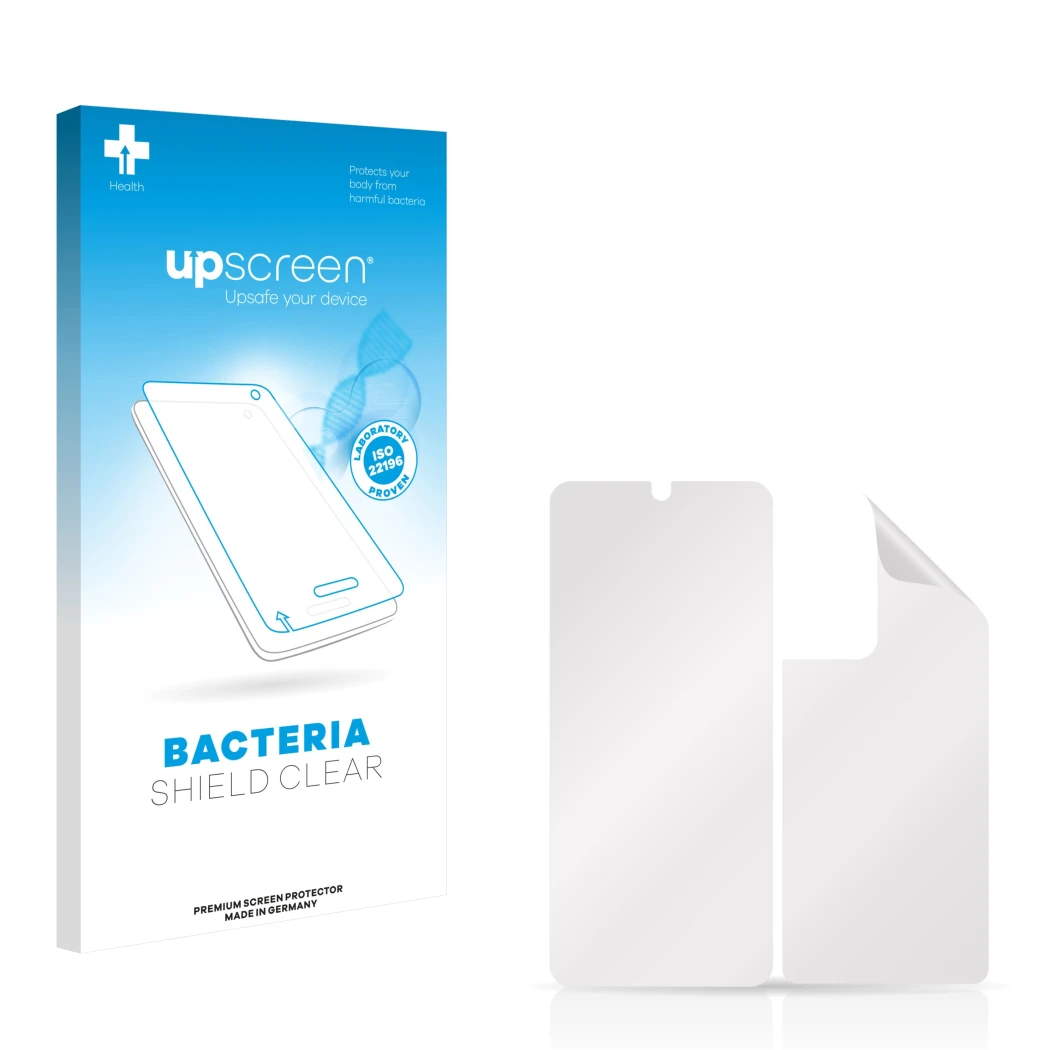 Front side of a product packaging with the brand logo upscreen. Next to it is the corresponding screen protector.