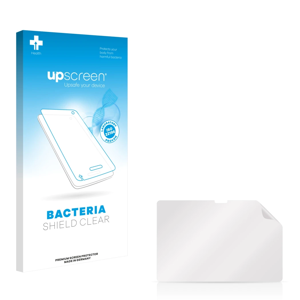 Front side of a product packaging with the brand logo upscreen. Next to it is the corresponding screen protector.
