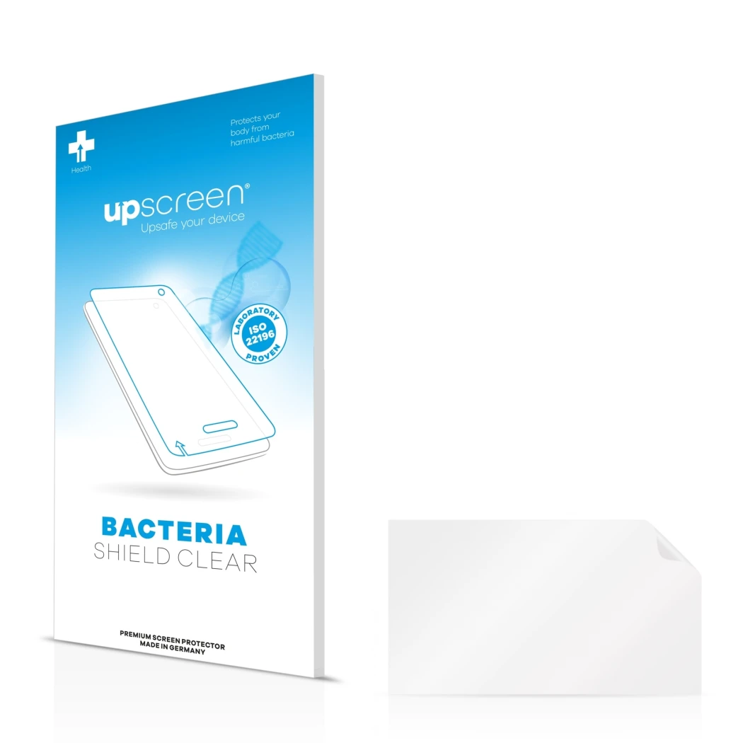 Front side of a product packaging with the brand logo upscreen. Next to it is the corresponding screen protector.